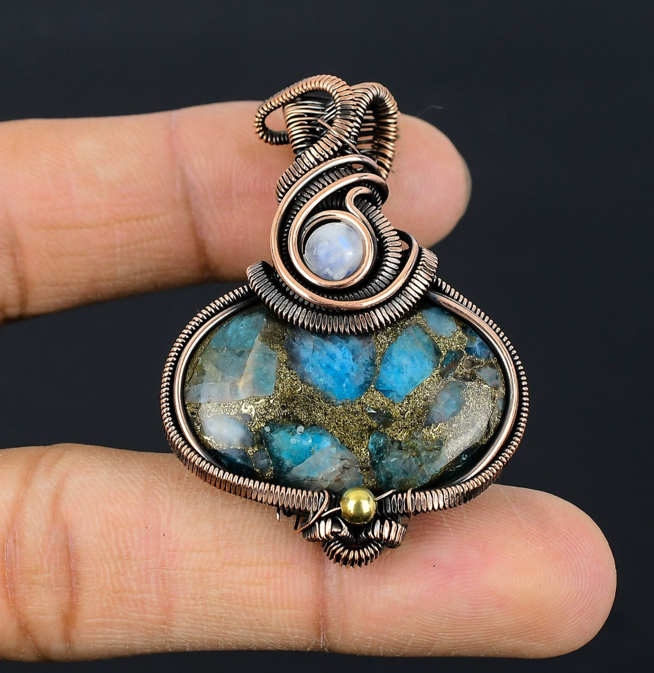 Copper Neon Apatite Handmade Gemstones Copper Wire Wrapped Moonstone Pendant