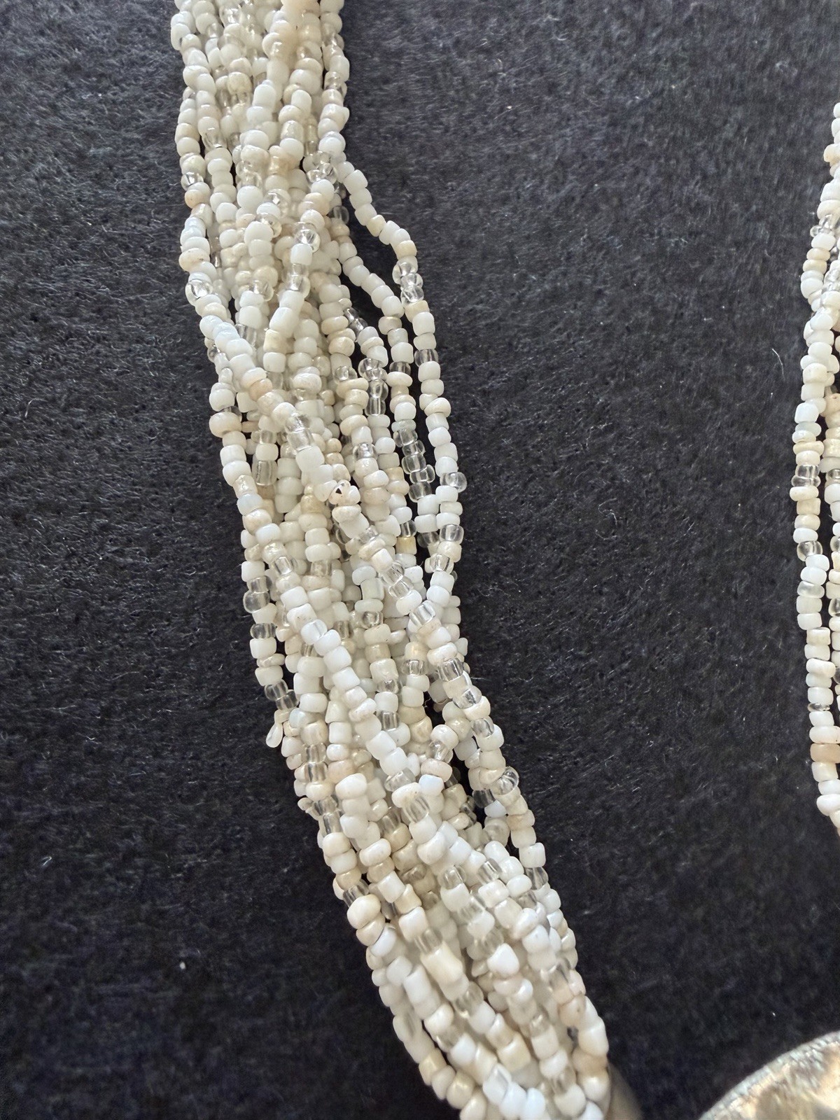 Boho White Multi Strand Seed Bead Statement Necklace Hammered Pendant 20”