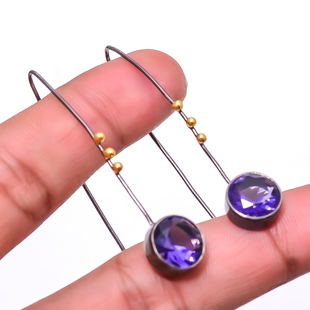Purple Amethyst 925 Silver Black And Gold Rhodium Plated Earring 1.95″ E31