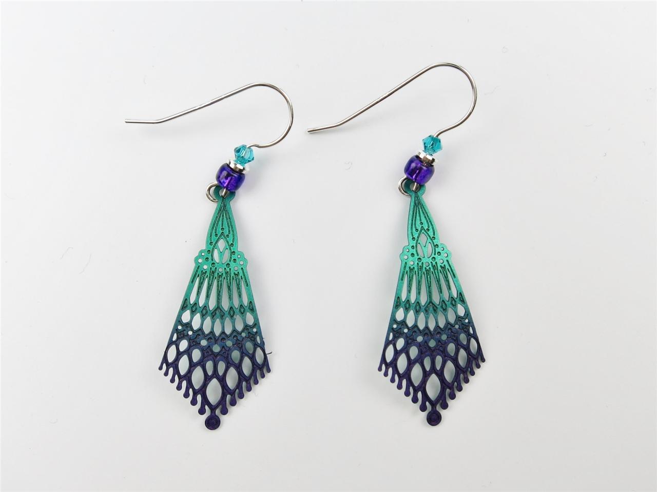 Adajio Earrings Deep Green & Violet ‘Persian’ Detail Drop Handmade in USA 7523