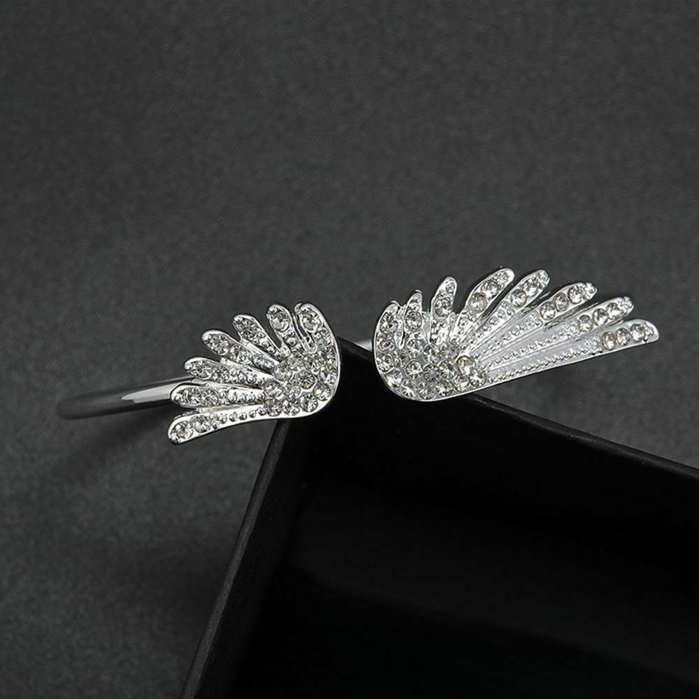 Elegant 925 Sterling Silver Angel Wings White Topaz Fashion Bracelet Bangle Cuff