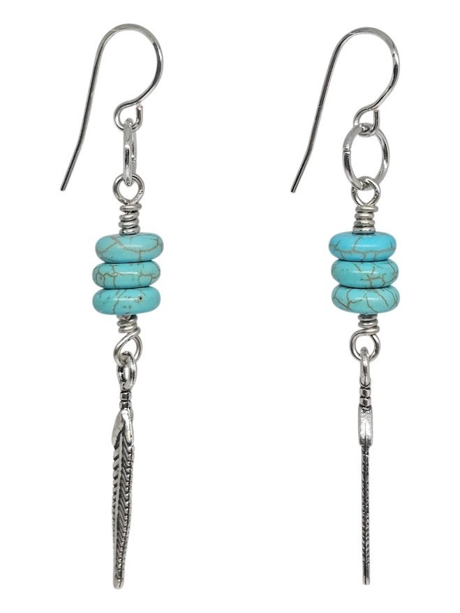 Handmade Turquoise Howlite Silver Feather Western Dangle Boho Earrings