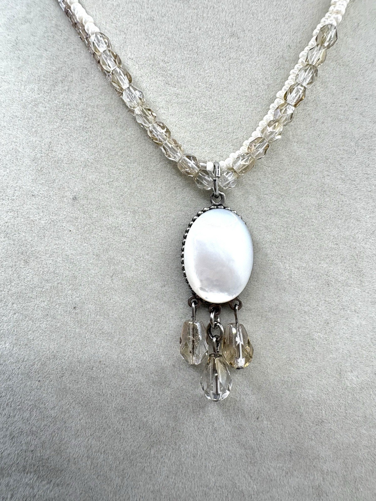Cream & Champagne Colored Beaded Layered Necklace W/ Oval MOP Pendant Necklace