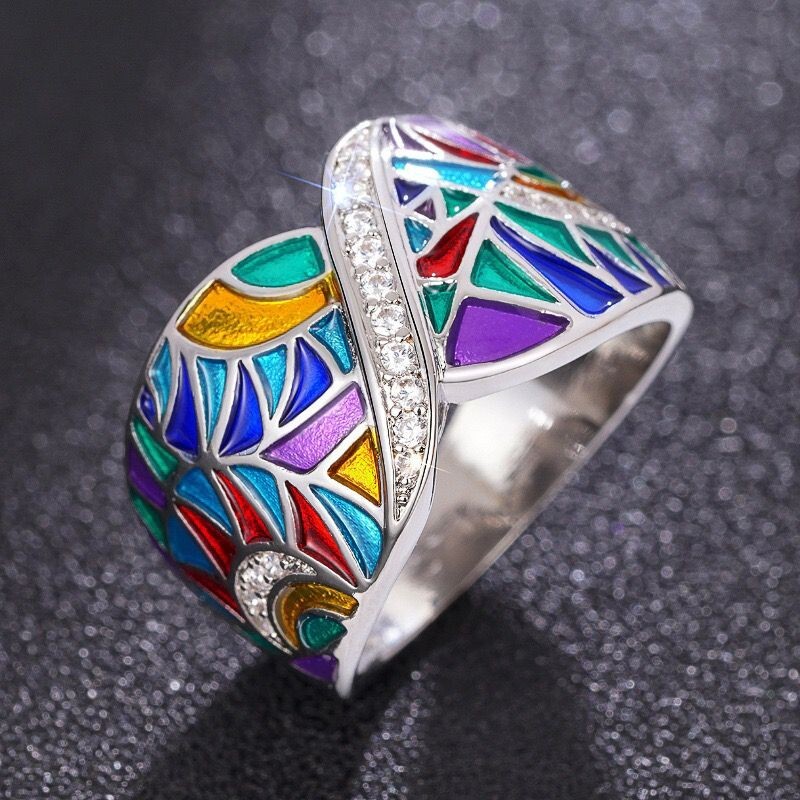 Fashion Women White Gold Plated CZ Multicolor Enamel Wide Band Ring
