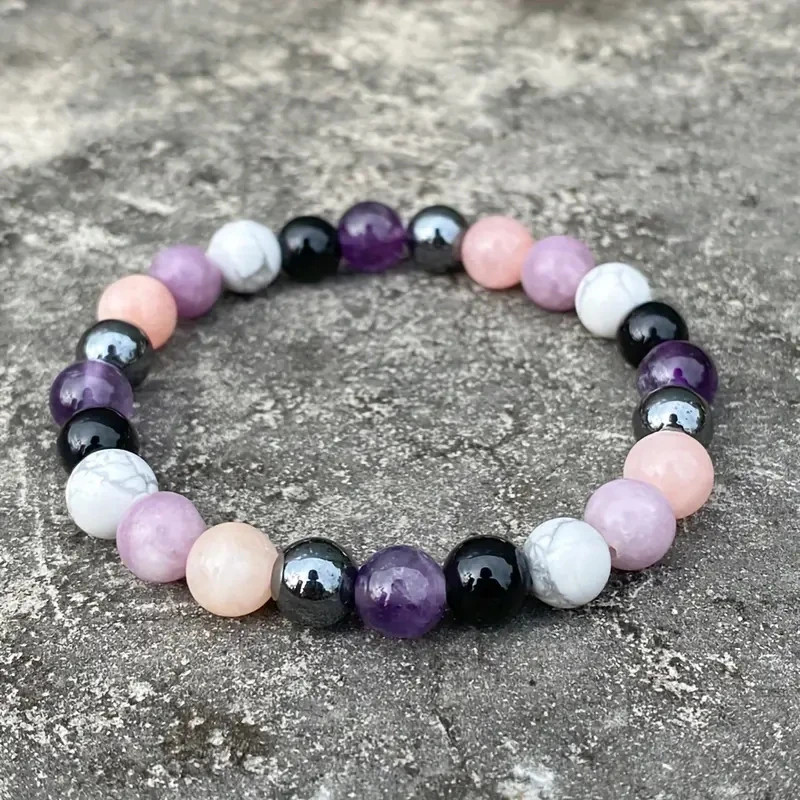 Black Tourmaline Rose Quartz Hematite Round Crystal Bracelet Gift for Nana Women