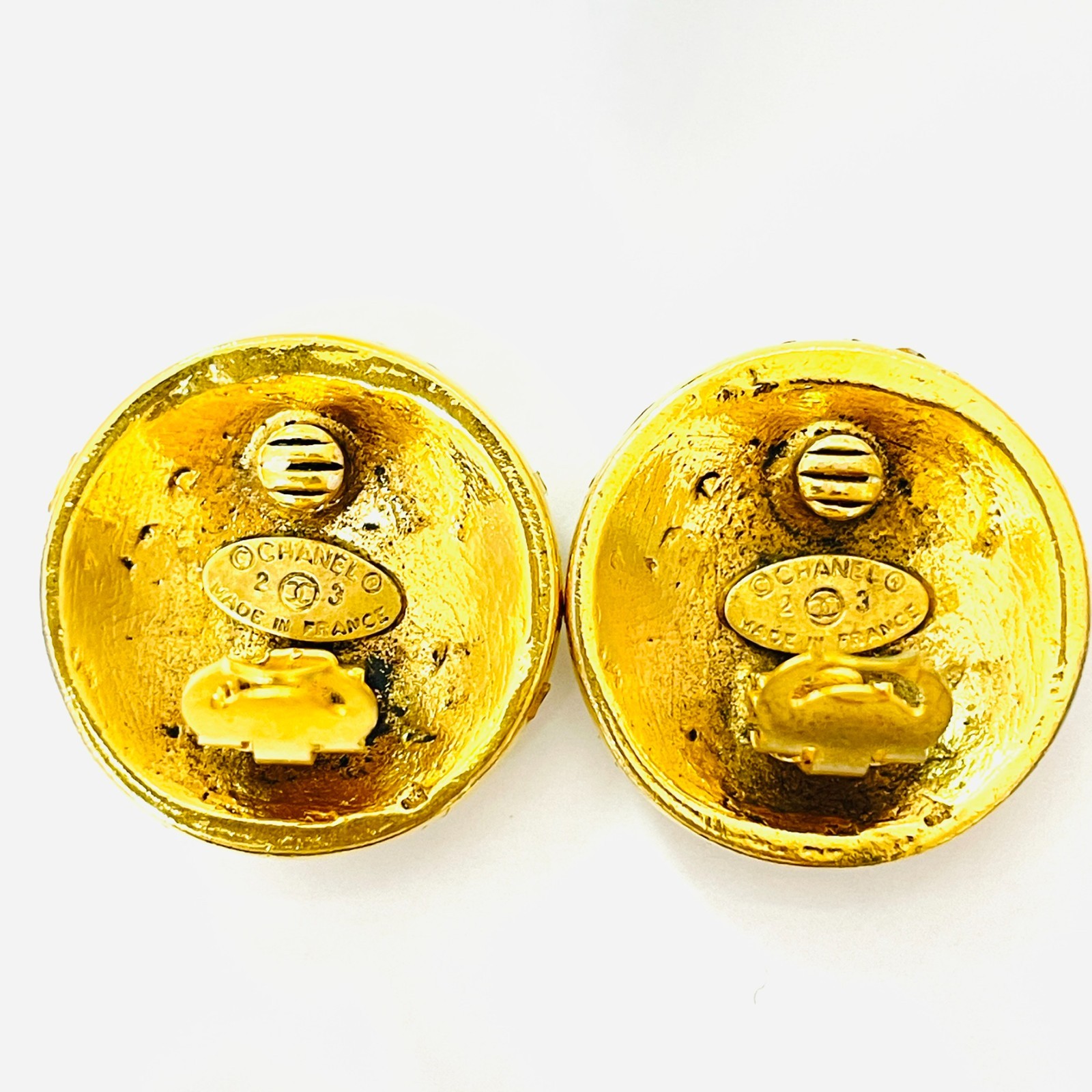 CHANEL 23 Coco Mark Rhinestone Earrings Gold CC Logo Vintage Clip-On JAPAN