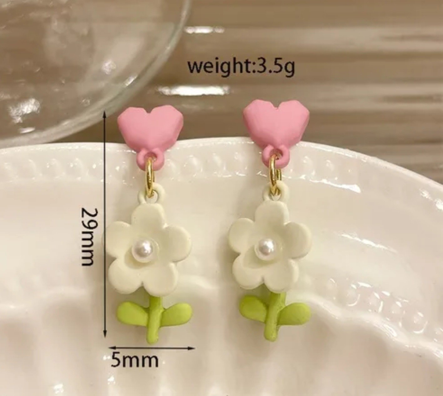 Pink Heart White Flower Stud Dangle Drop Earrings Sim Pearl Resin 29mm