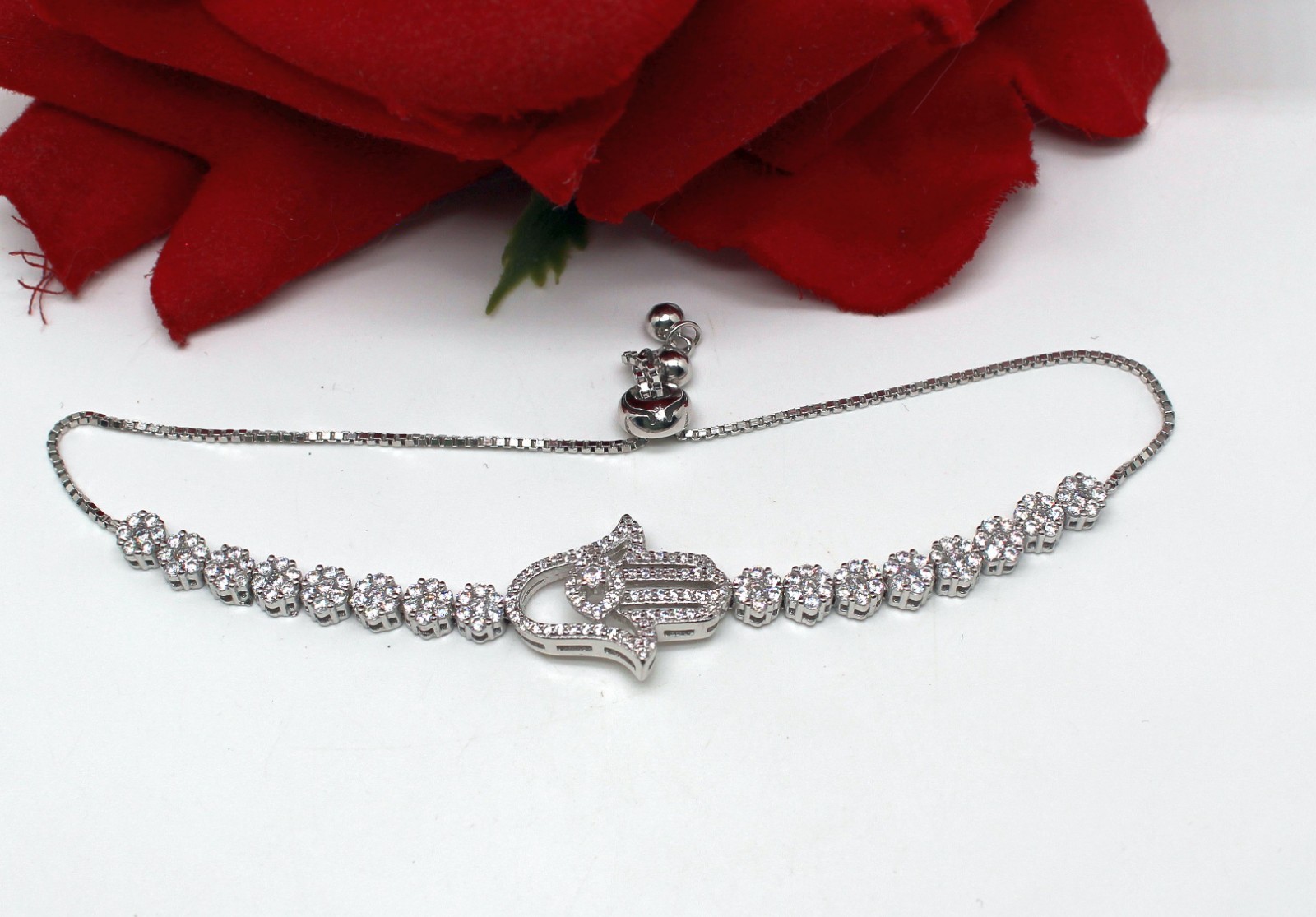 Sterling Silver Hand of Fatima CZ 7.83g Bolo Bracelet CAT RESCUE