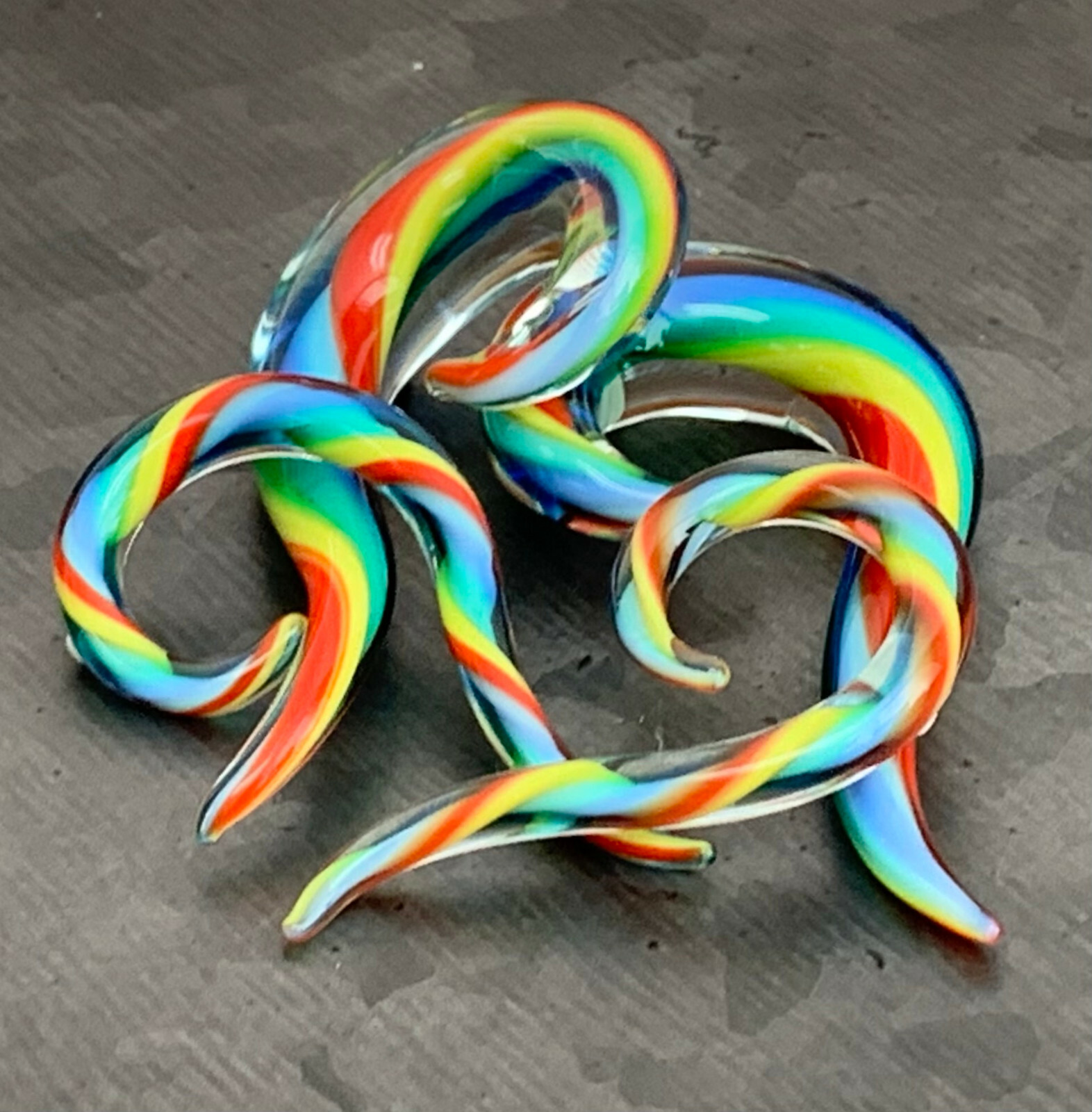 PAIR Rainbow Glass Spiral Hanging Tapers Expanders Plugs Gauges Body Jewelry