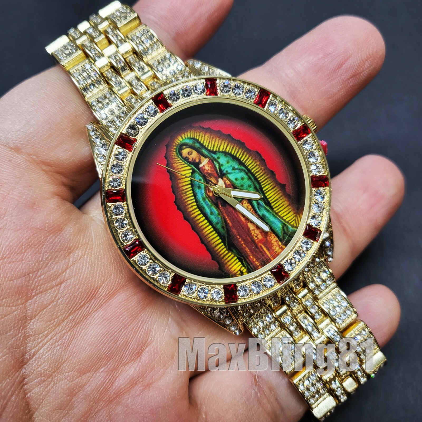 Hip Hop Iced Gold PT Bling Our Lady Guadalupe Dial Fashion Metal Band Watch