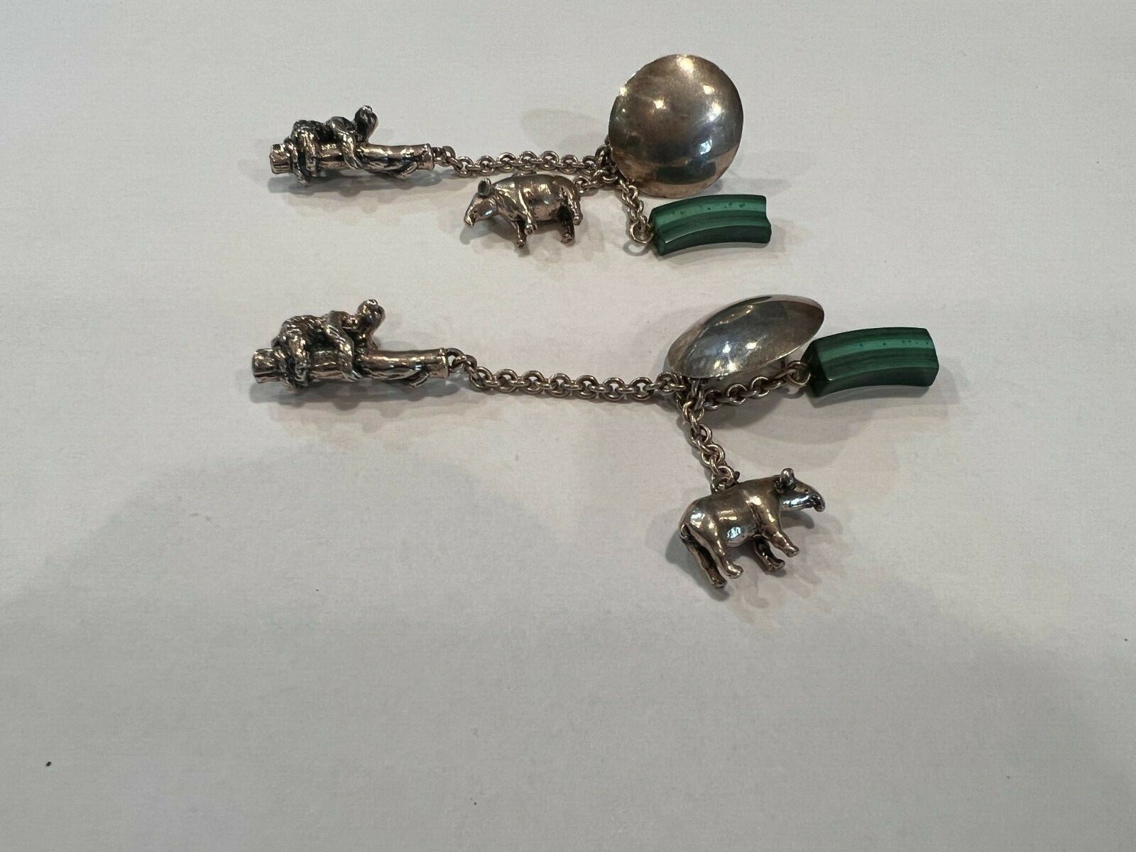Vtg Susan Cummings hammered 925 silver Animal earrings with Malachite.