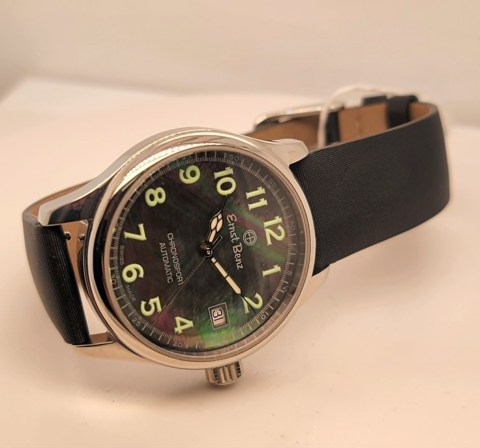 Ernst Benz ChronoSport Automatic 36mm Black MOP Abalone Dial Watch Leather Strap