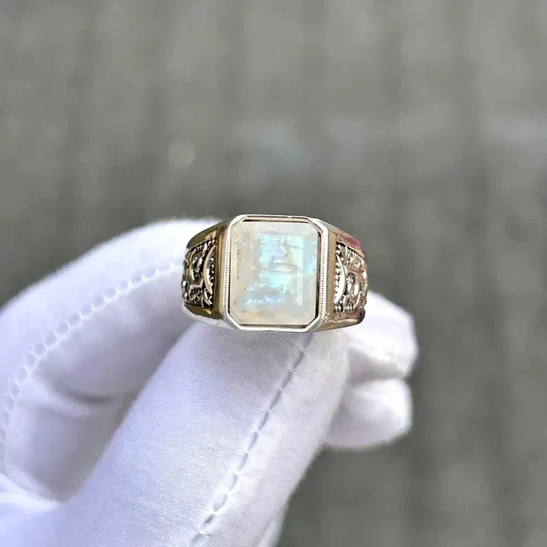 925 Sterling Silver Rainbow Moonstone Ring for Men Handmade Statement Ring