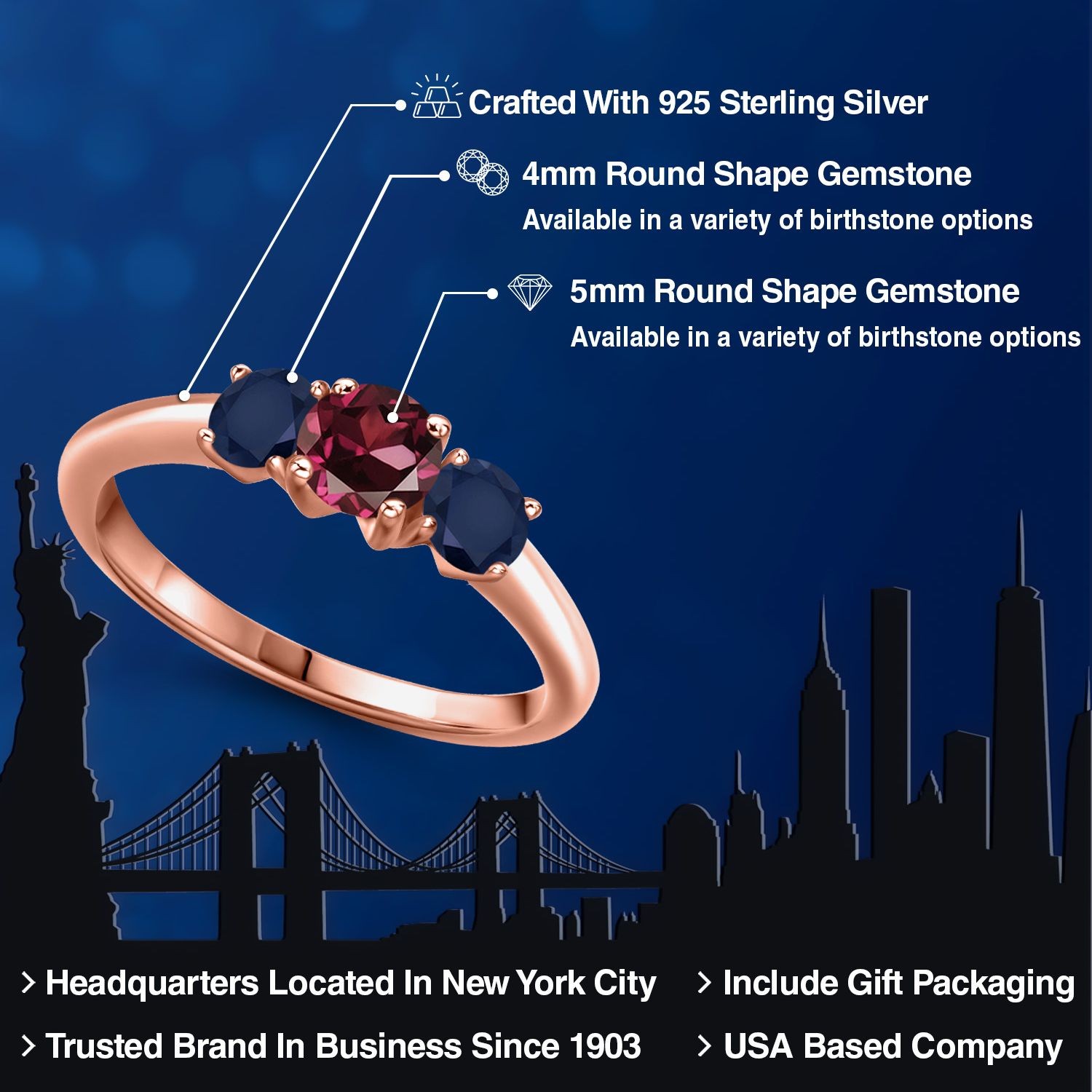 18K Rose Gold Plated Silver Rhodolite Garnet and Sapphire Engagement Ring For