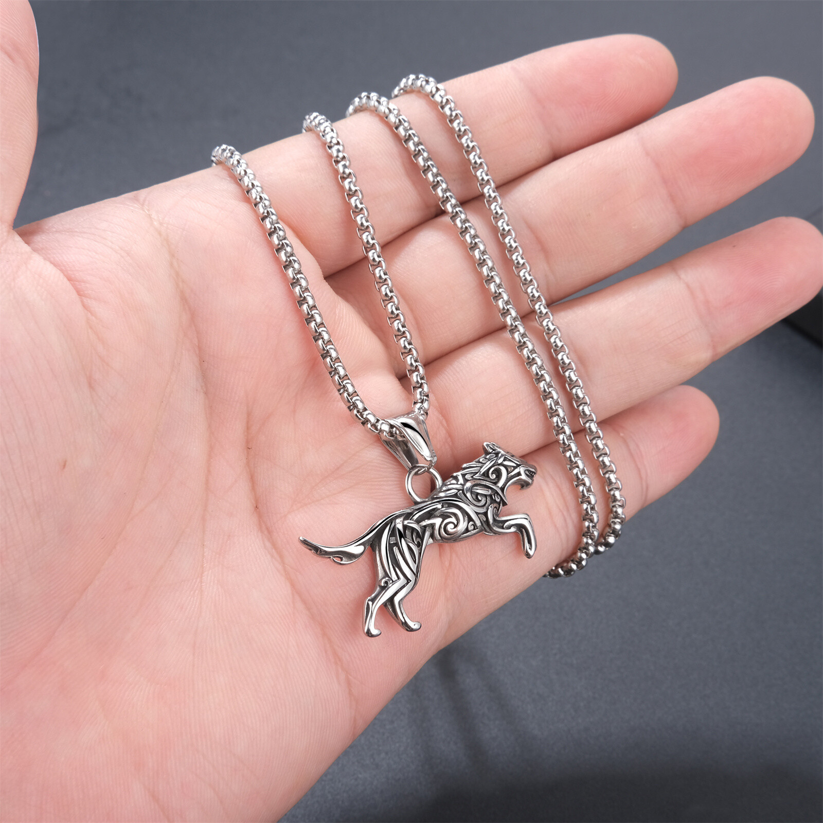 Mens Nordic Viking Wolf Necklace Stainless Steel 3D Fierce Running Wolf Necklace