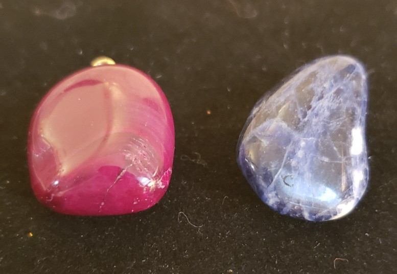 Whimsical, Boho, Earthy – Two Polished Stone Pendants – Red/Burgundy and Blue