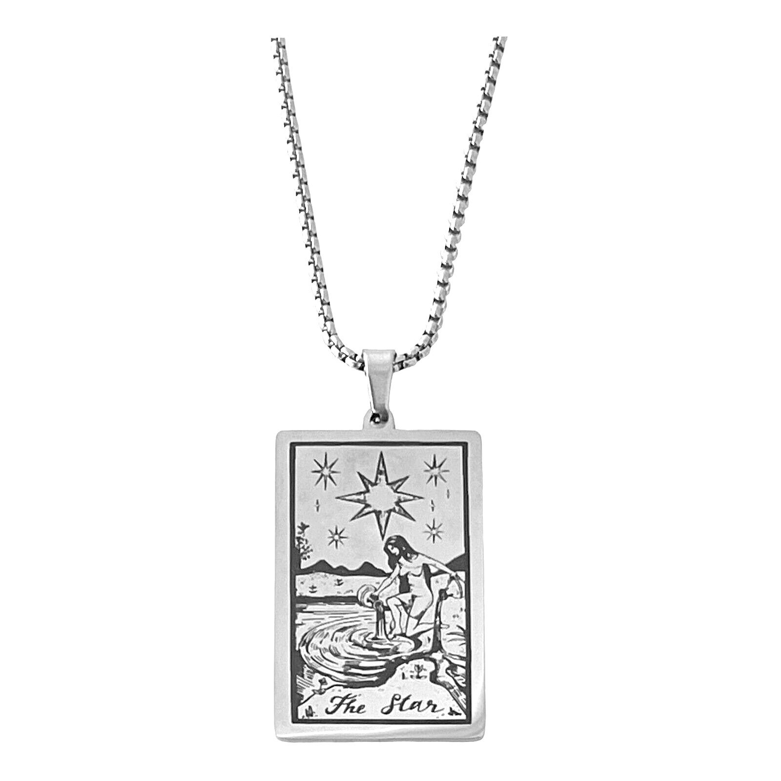 THE STAR Necklace Stainless Steel Silver Tarot Card Bead Drop Pendant 24″ Chain