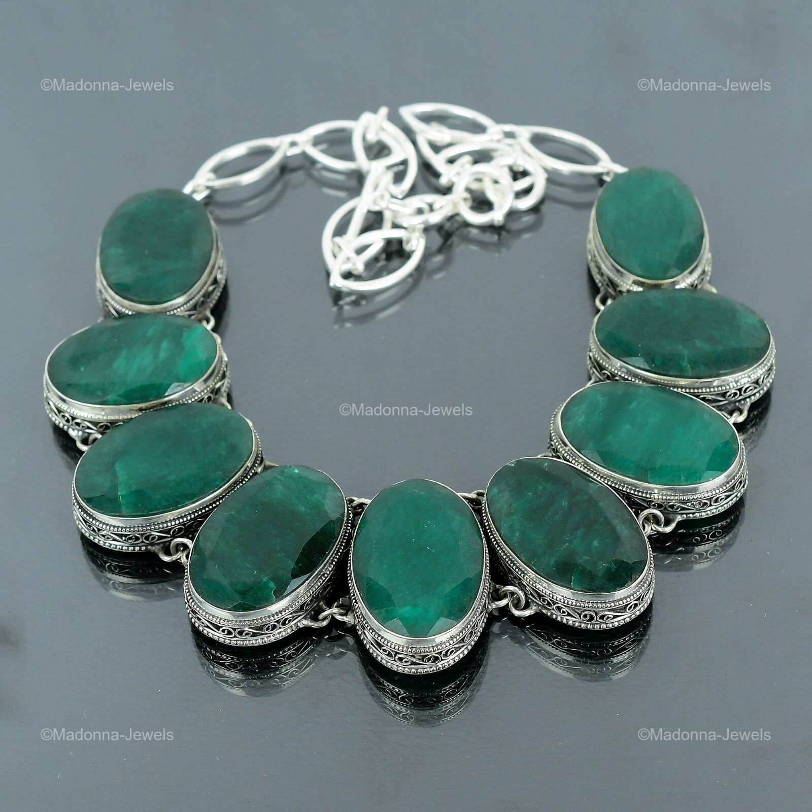 Zambian Emrald Gemstone Bezel Vintage Chain Necklace Jewelry 925 Sterling Silver