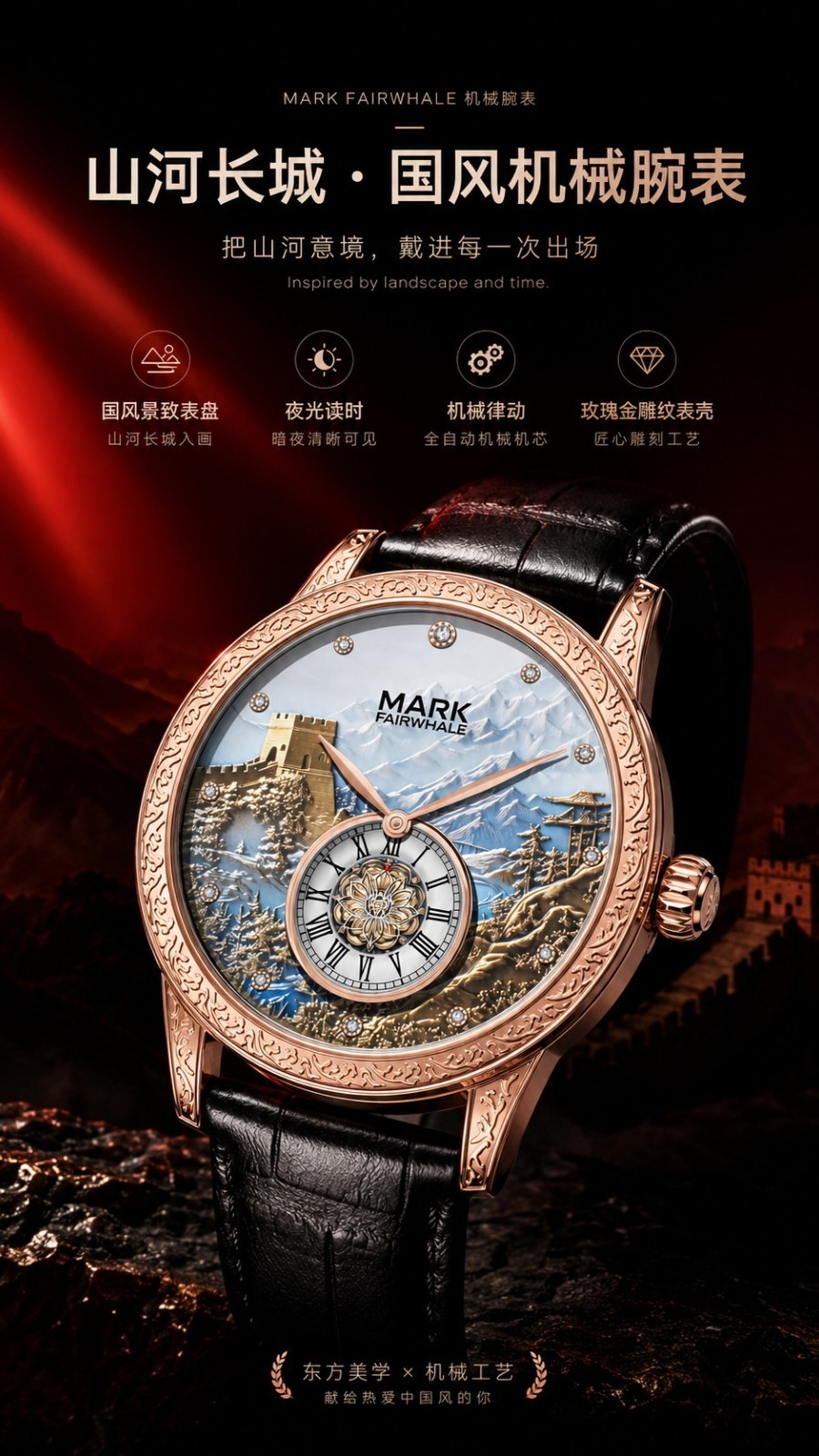 Mark Fairwhale Automatic Watch Men Great Wall Luxury Mechanical Luminous Leather