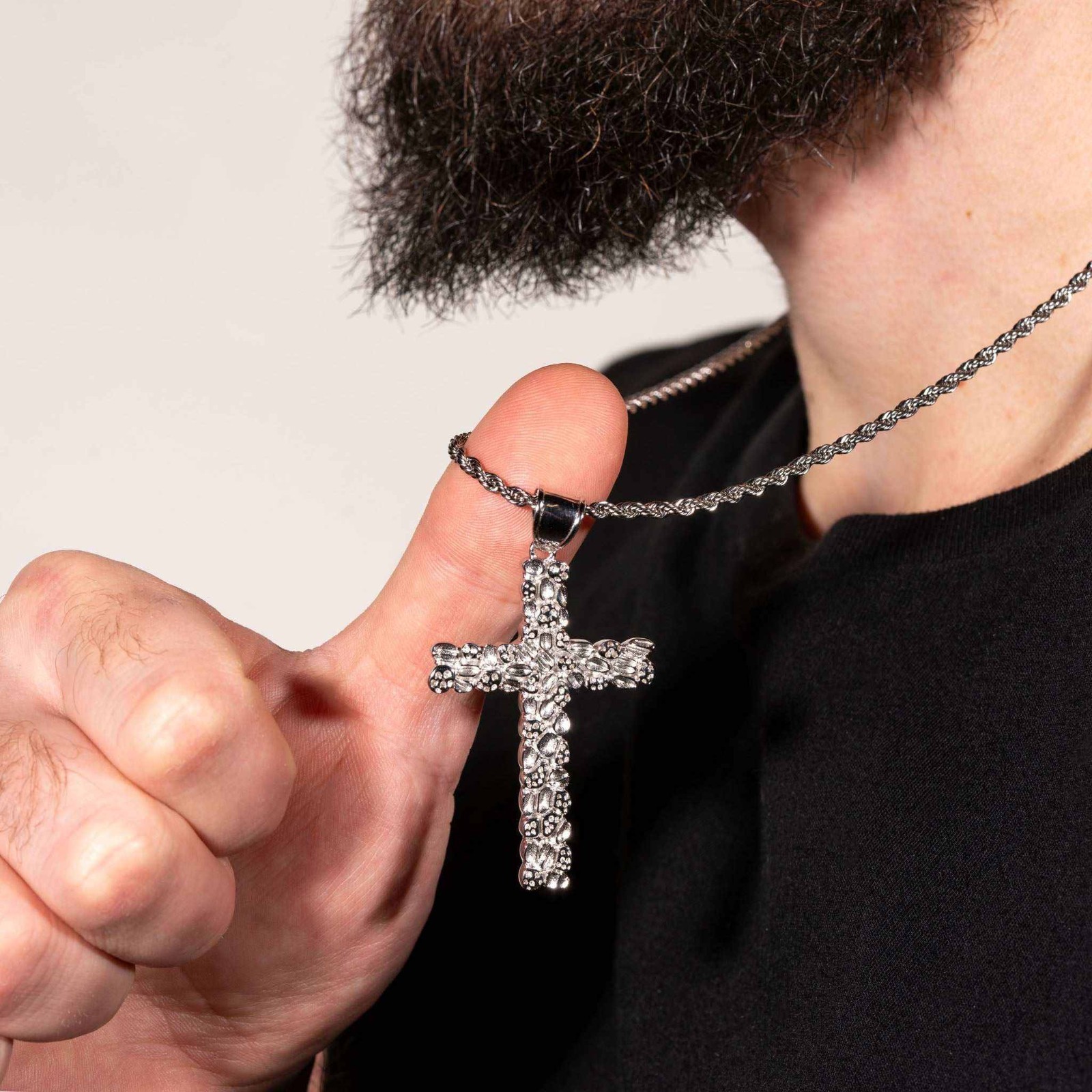Mens Real Solid 925 Sterling Silver Nugget Cross Pendant Crucifix Necklace
