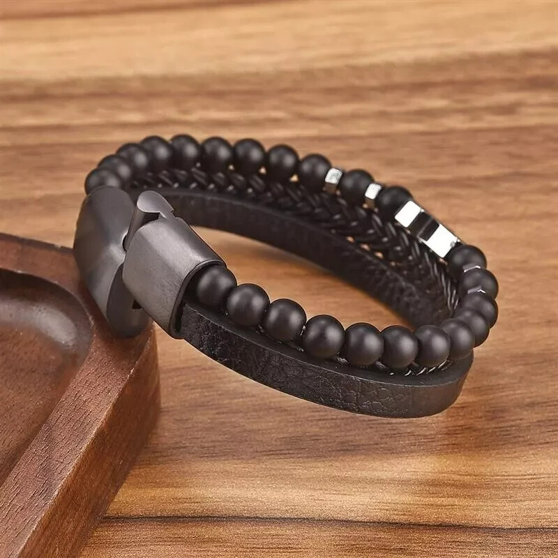 Men’s Cross Leather Braided Bracelet Tiger Eye Obsidian Handmade Reiki Bracelet