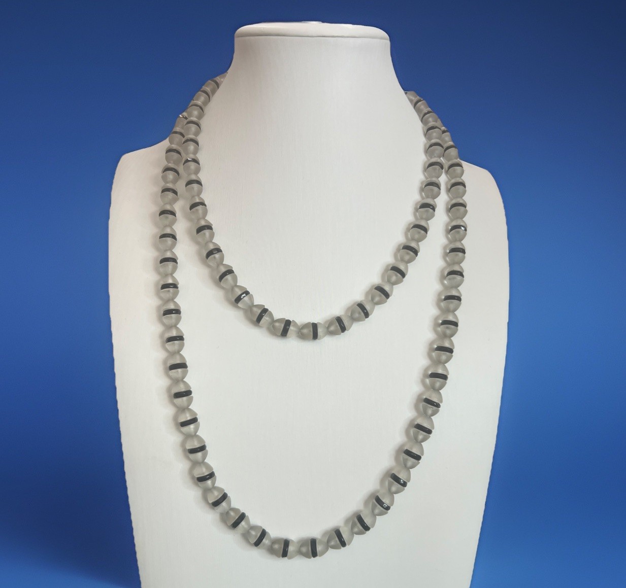 Art Deco Czech Frosted Opaque Glass & Jet Black Rondelle Bead Necklace 40”
