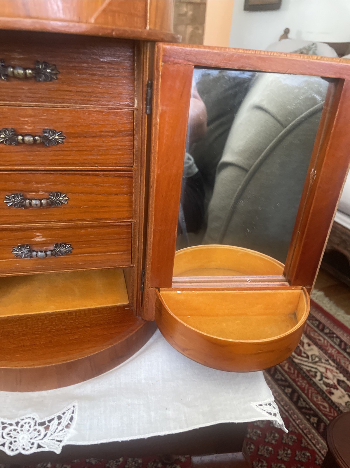 MCM round Wooden jewelry chest table top armoire W/ 5 Drawers And Mirror