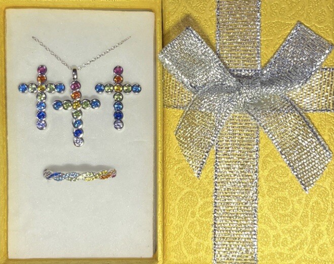 DEAL! FINE 925SS Multicolor Gemstone Cross Necklace, Earrings, & Ring Size 8 Set