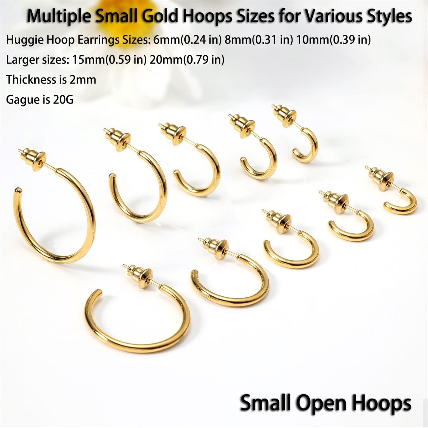 6Mm/8Mm/10Mm/15Mm/20Mm Minimalist Hoops for Women 14K Gold Open Huggie Hoop Ear