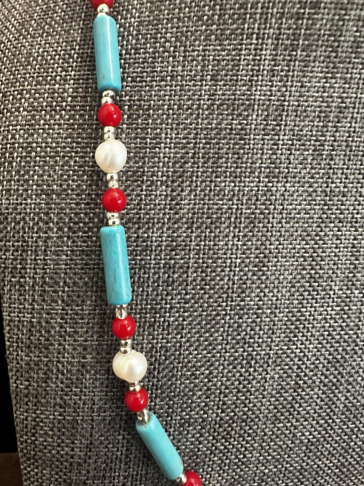Turquoise, Red & Pearl Beaded Necklace – Handmade Jewelry