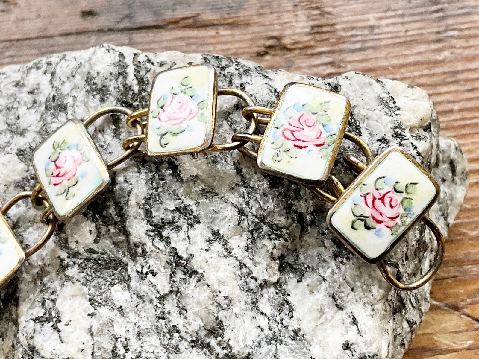 Vintage Bliss Brothers Co. Sterling Vermeil with Enamel PINK ROSES Bracelet