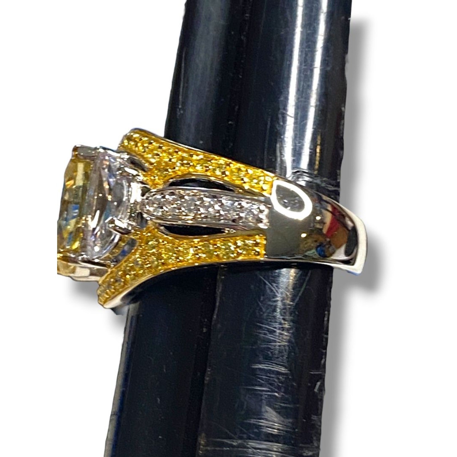 Size 6.5 Victoria Wieck PAJ Vermeil Yellow & Clear CZ Three Stone Cocktail