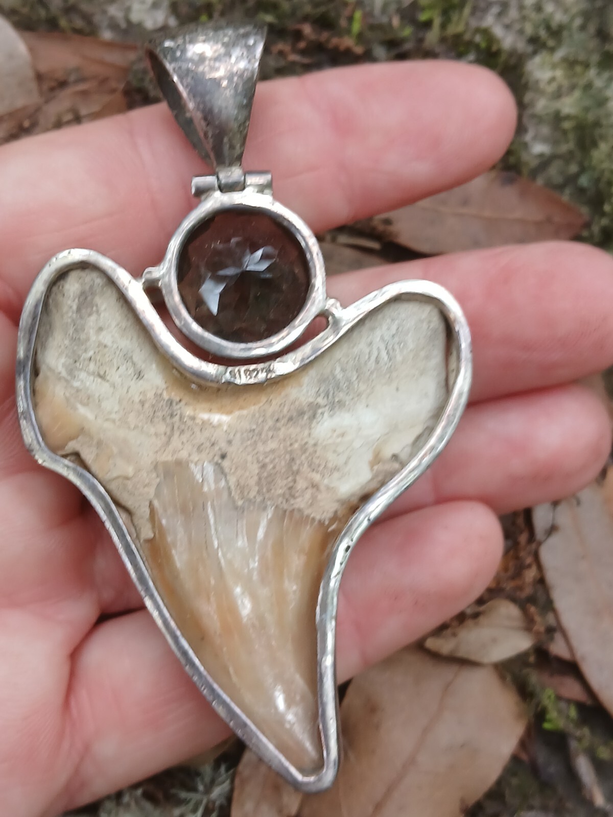 HUGE Fine Vtg 925 Sterling Silver Great White Shark Tooth Teeth Fossil Necklace