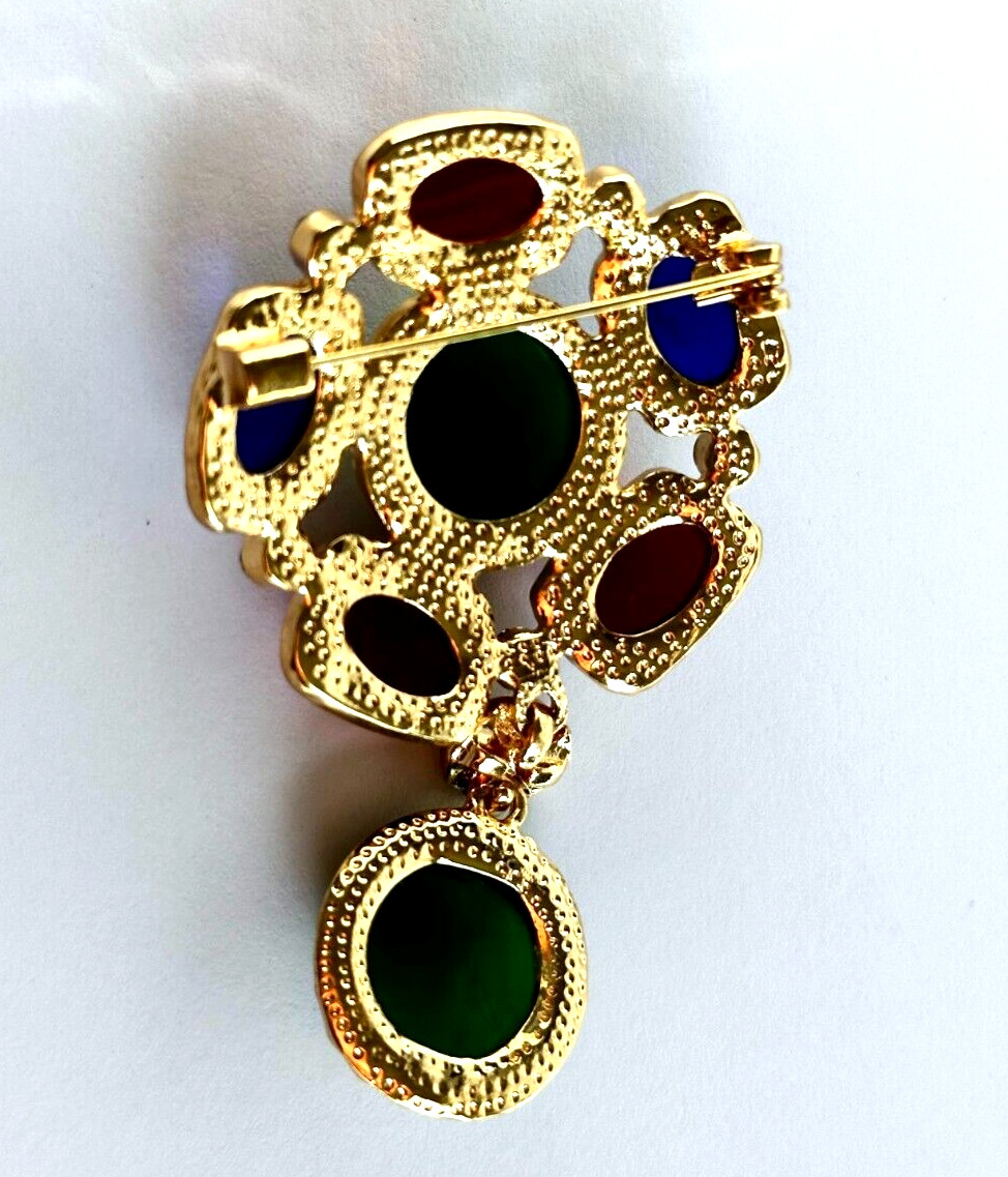 Gold Tone & Multicolor Cabochon Acrylic & Crystal Rhinestones Brooch