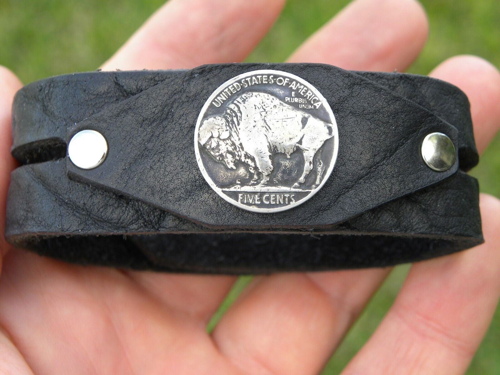 Cuff bracelet Buffalo Indian Nickel coin genuine Bison leather customize size