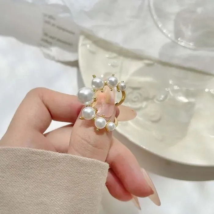Adjustable Vintage White Pearl Double Layer Geometric Crystal Mood Tracker Ring