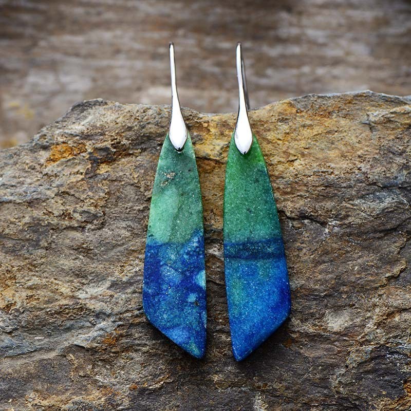 Blue Green Jasper Dangle Earrings Kite Shaped Gemstone Hook Earrings Boho Style