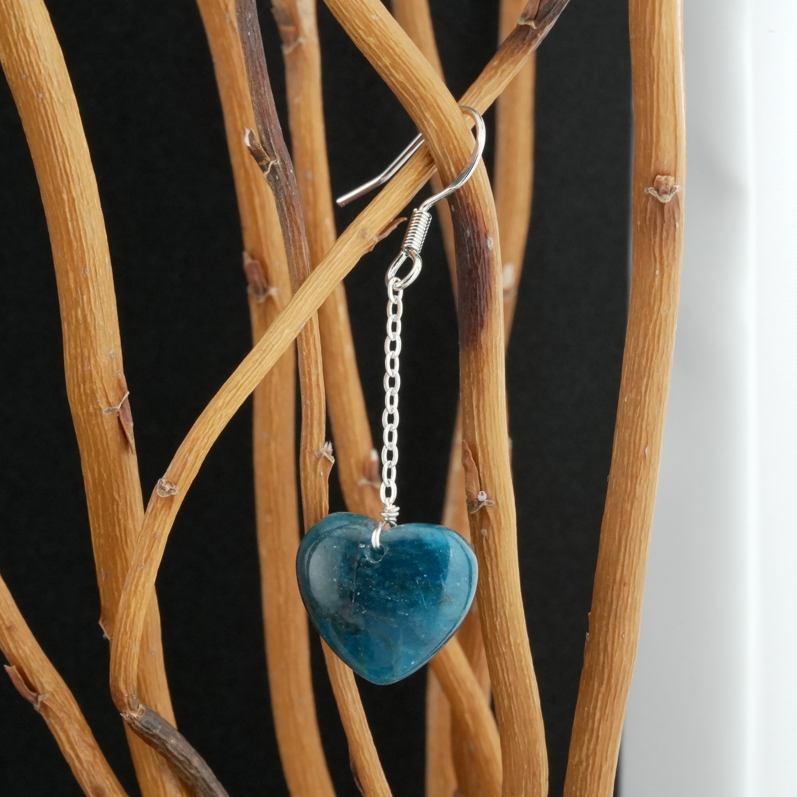 Blue Apatite 925 Silver Puffy Heart Drop Earrings Natural Crystal Jewelry Gift