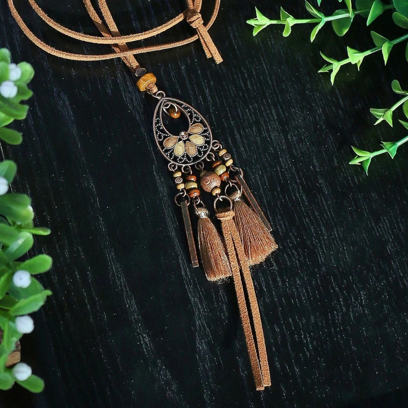 Rustic Antique Copper Enamel Tassel Pendant Vegan Suede Long Boho Necklace