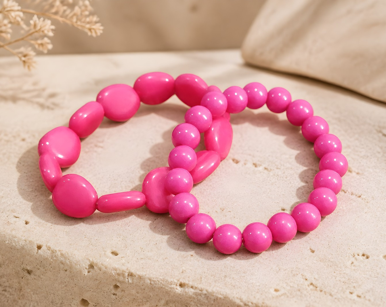 Set of 2 Pink Round Plastic Beaded Stretch Bracelet Stack, Sizable Fit