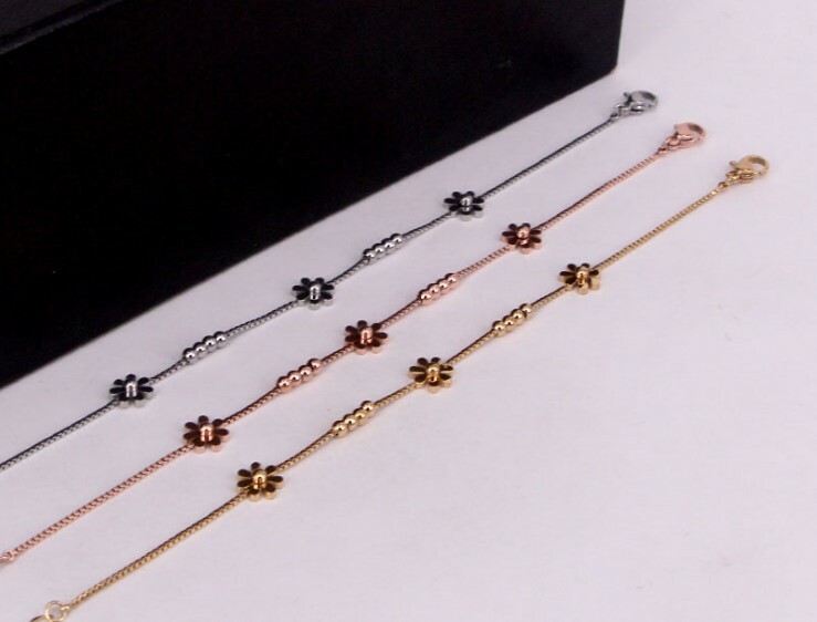18K Rose Gold Stainless Steel Anklet Foot Daisy Beads Charms Ankle Bracelet PE13