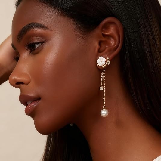 Aretes Largos de Cadena Flor dorado 14K para Mujer o Dama de Honor