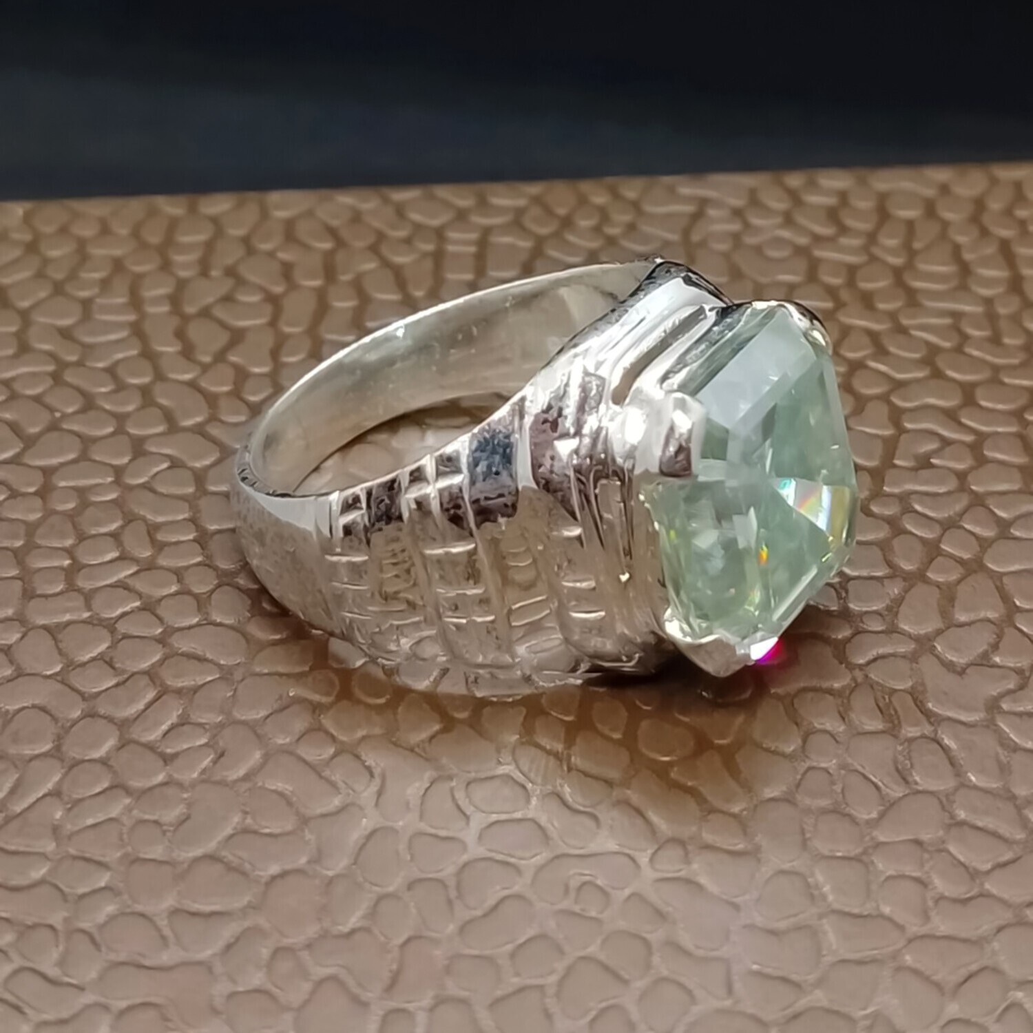 9.00 Ct Emerald Cut Blue Diamond Ring in 925 Silver Certified Statement