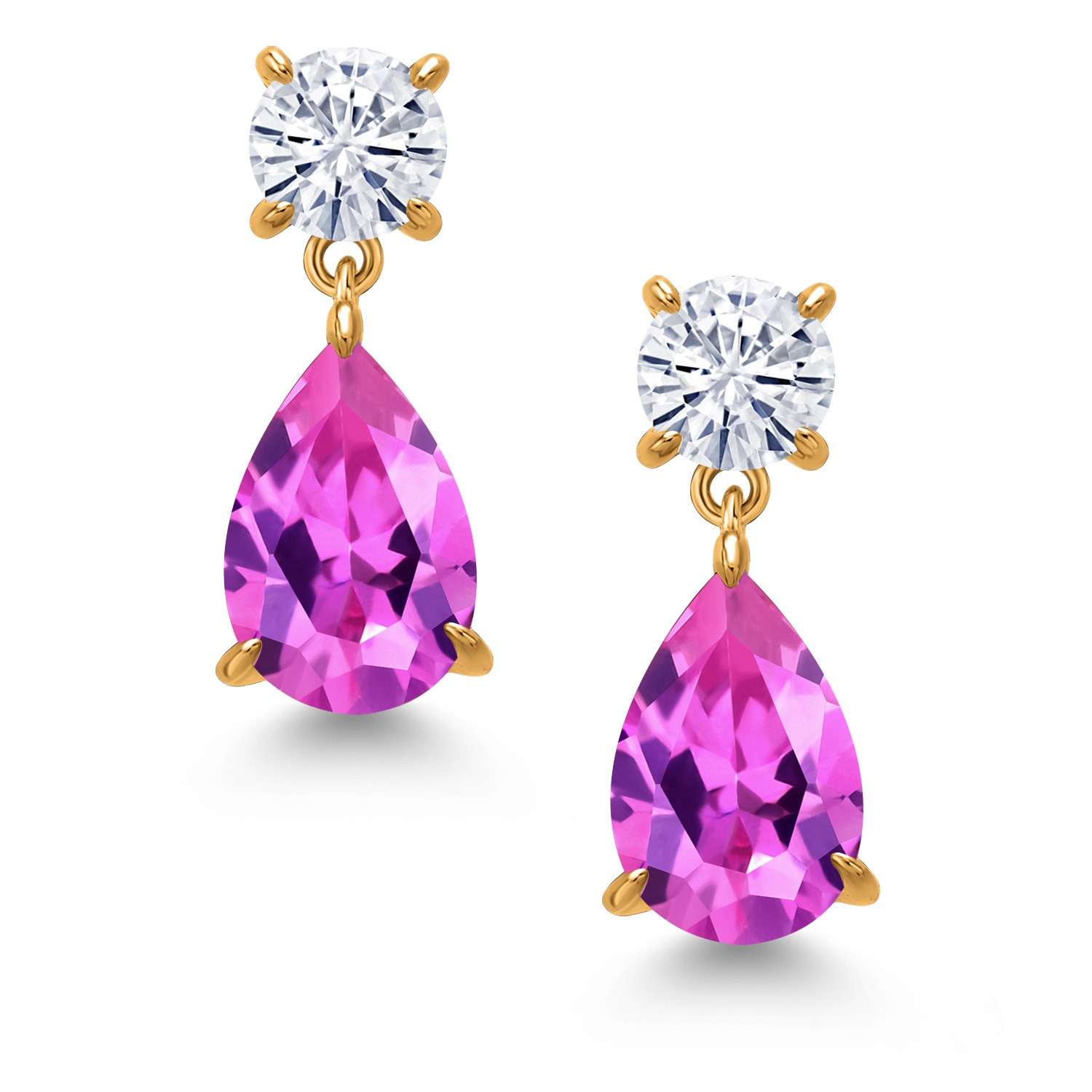 18K Yellow Gold Plated Silver Pink Created Sapphire and White Moissanite