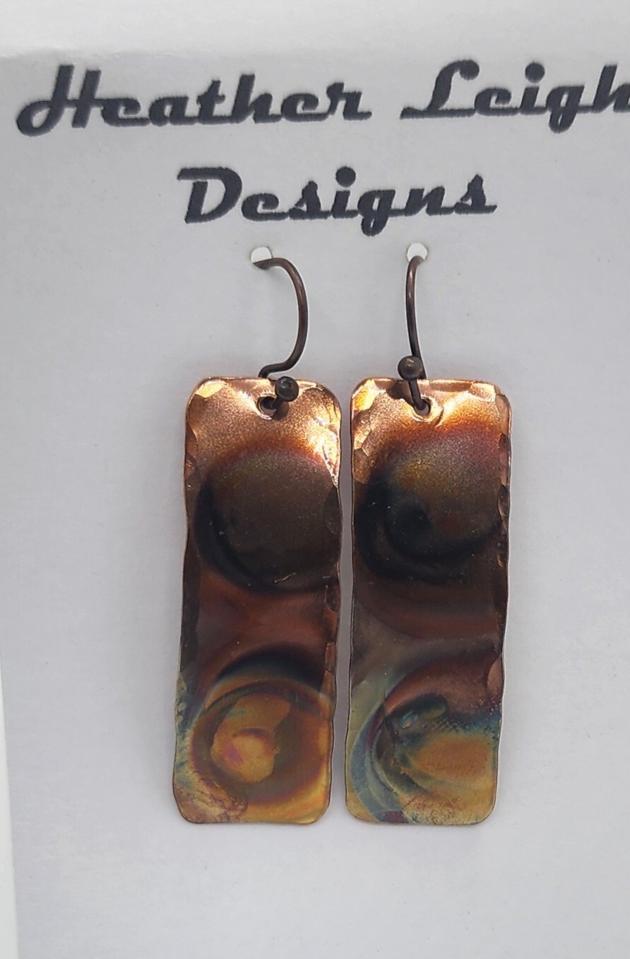 Handcrafted copper1.5 inch long rectangle flame painted earrings