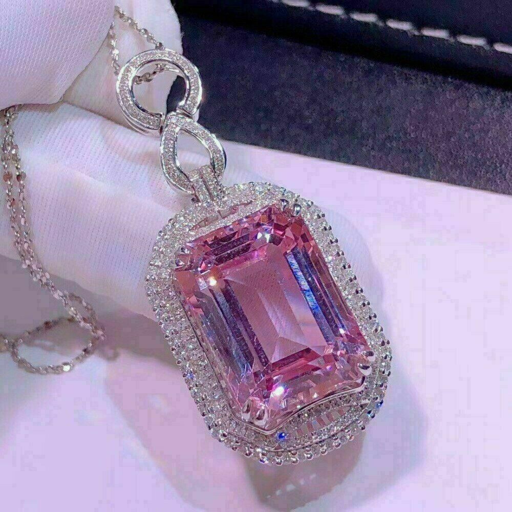 3Ct Emerald Cut Pink Sapphire Women’s Pendant 14K White Gold Over Free Chain