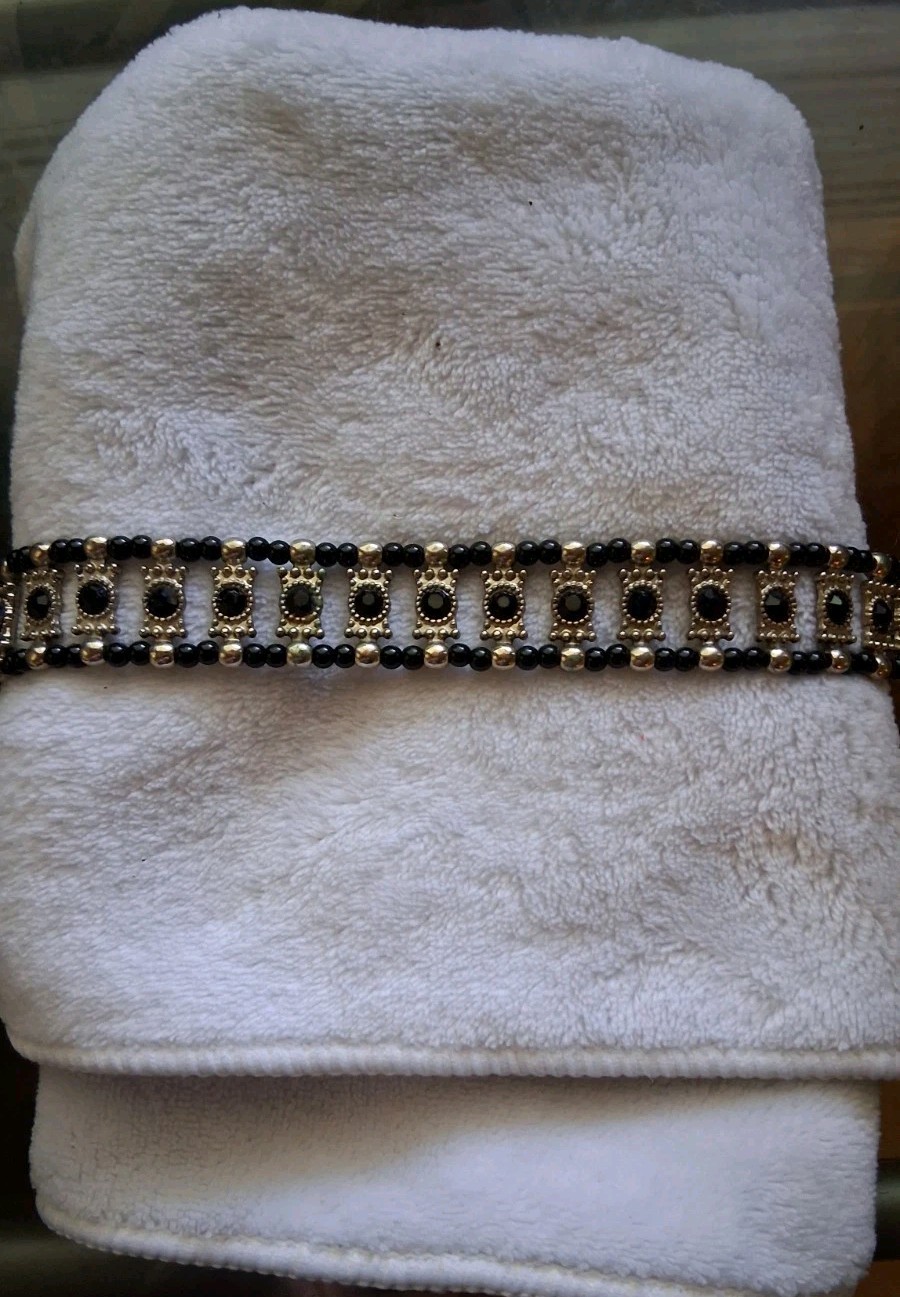 Vtg Gothic Black Beaded Panel Choker Necklace Silver Tone Victorian Rhinestone