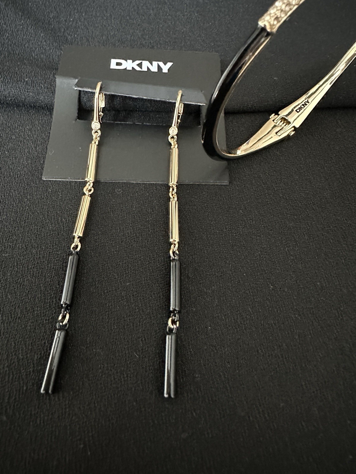 DKNY Set Enamel Bracelet/ Pave Crystals/ Linear Tube Earrings
