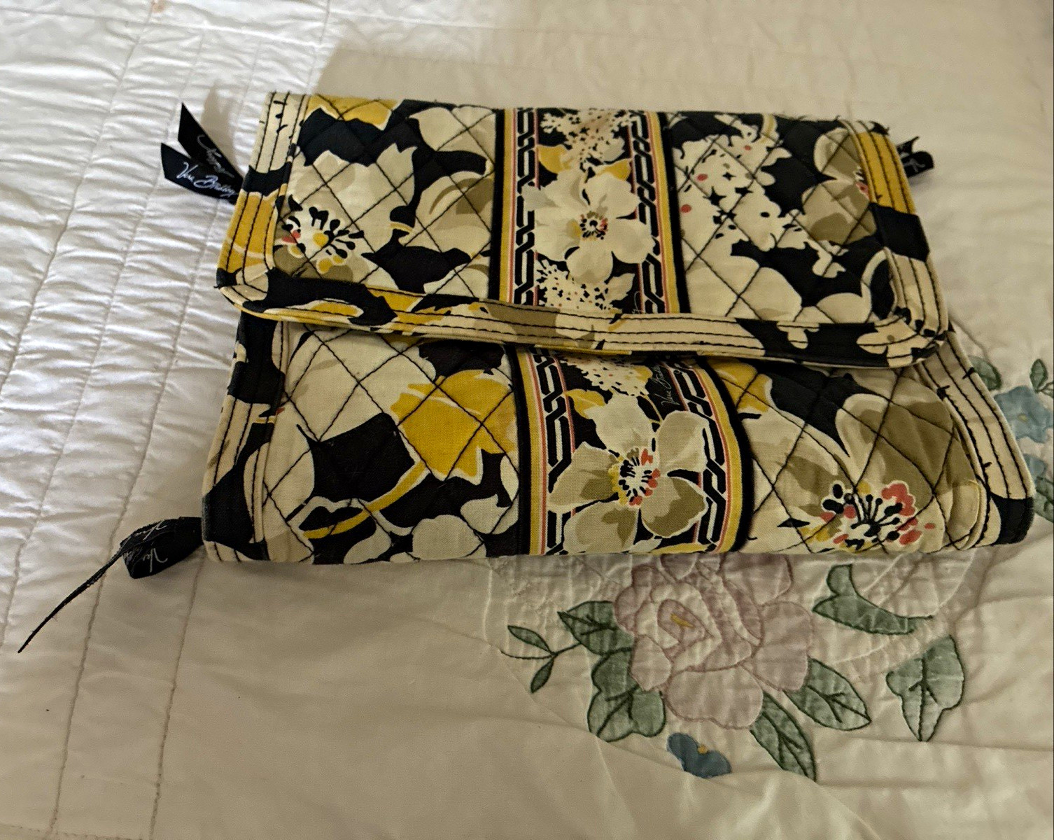Vera Bradley Quilted Fabric Zip Makeup Bag, Black Beige Yellow Floral
