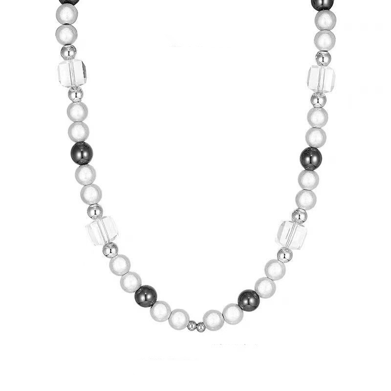 45cm Gray Pearl Crystal Cross Necklace 316 Stainless Steel Zircon Pendant Unisex